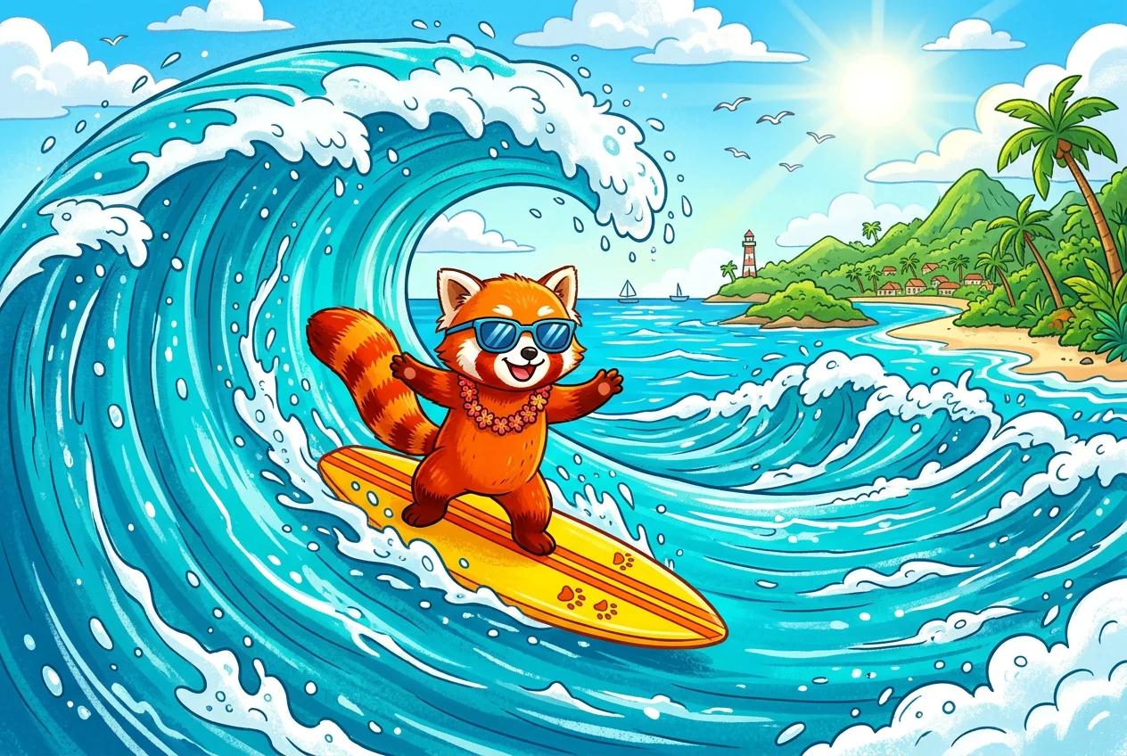 Red Panda Surfer Wave